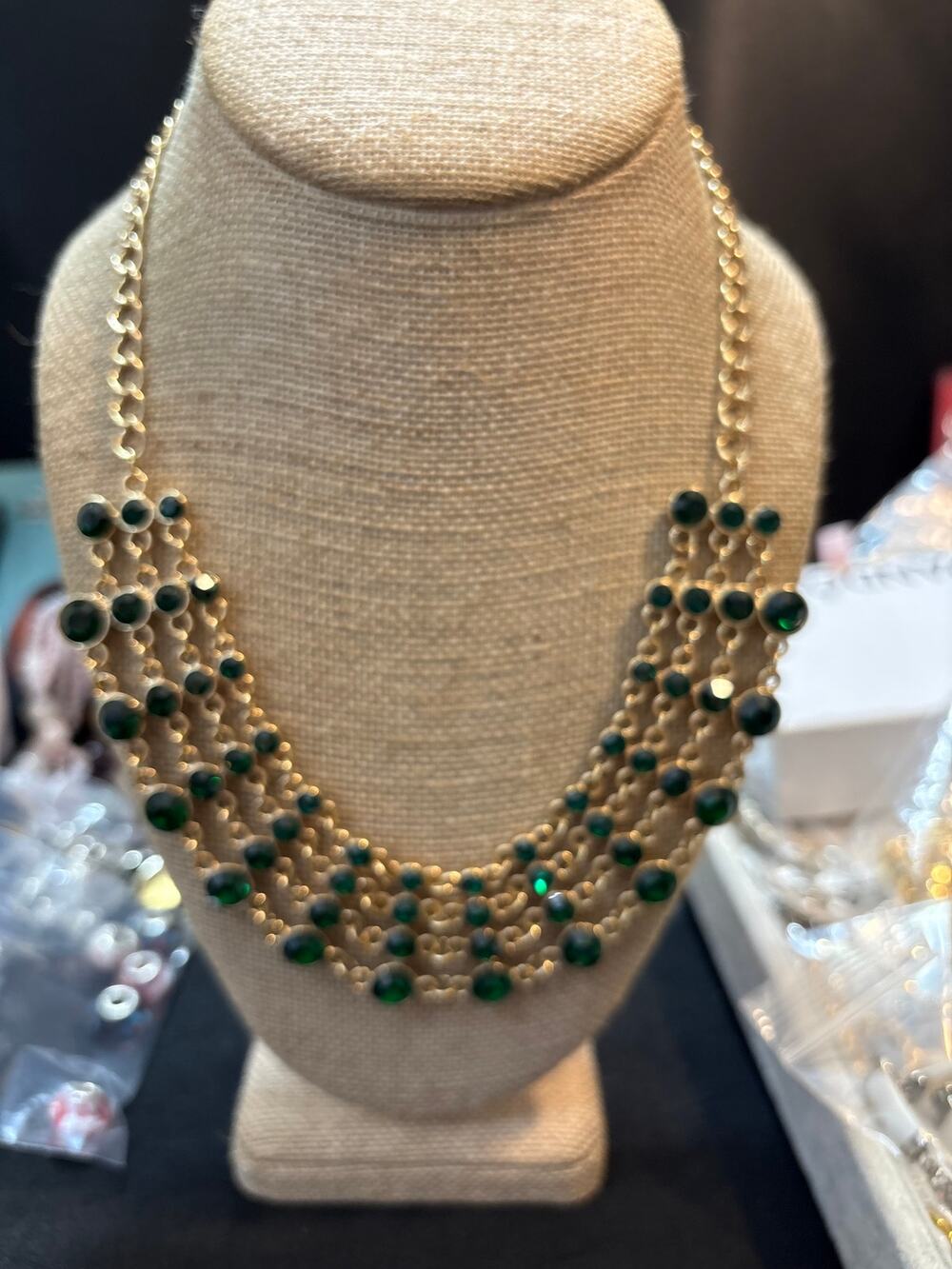 Vintage Gold Tone Green Glass Multi Strand Statement Necklace $48